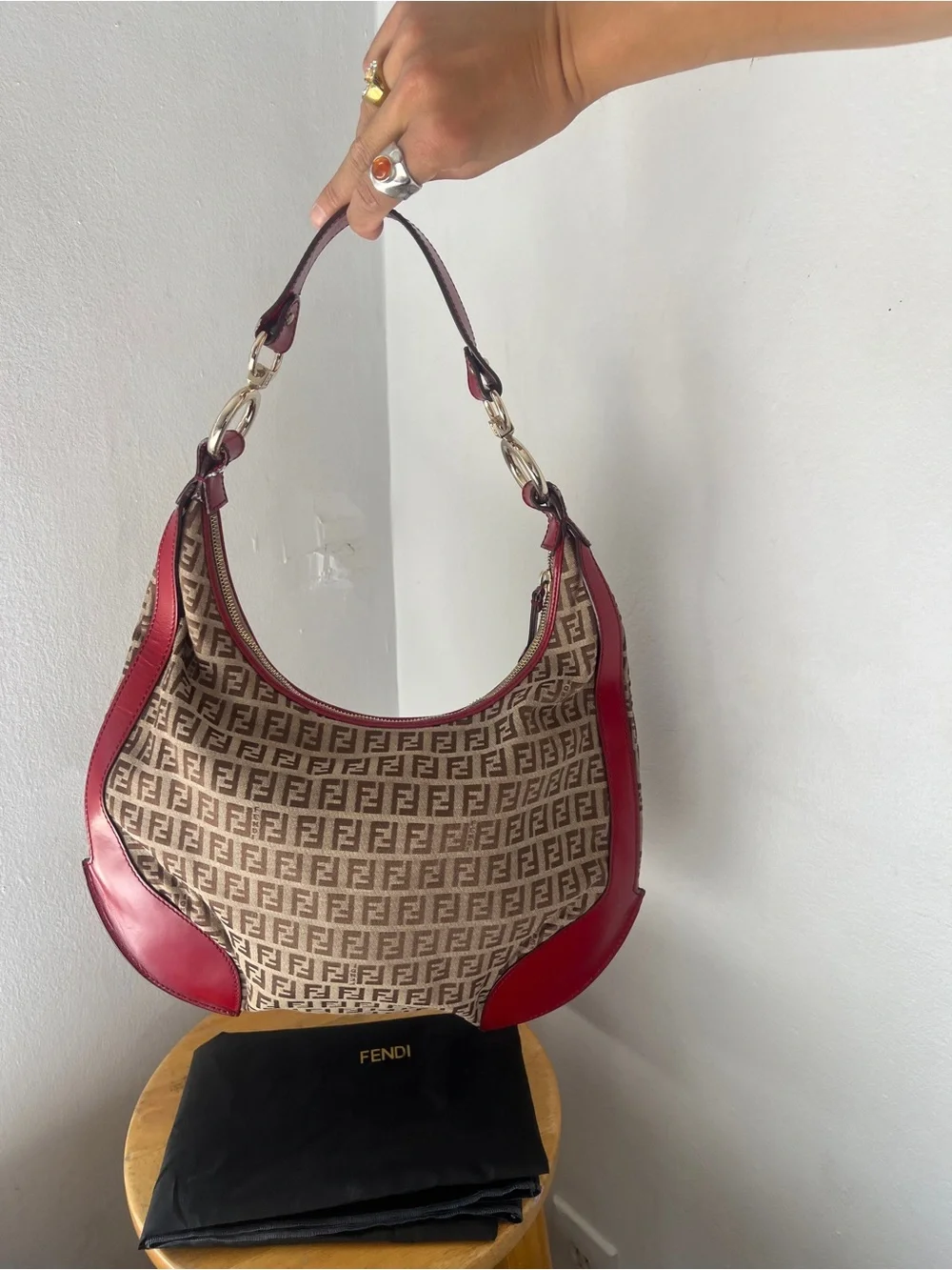 BNWOT vintage Fendi Zucchino FF Brown Monogram canvas Chef hobo bag Red Dust bag
